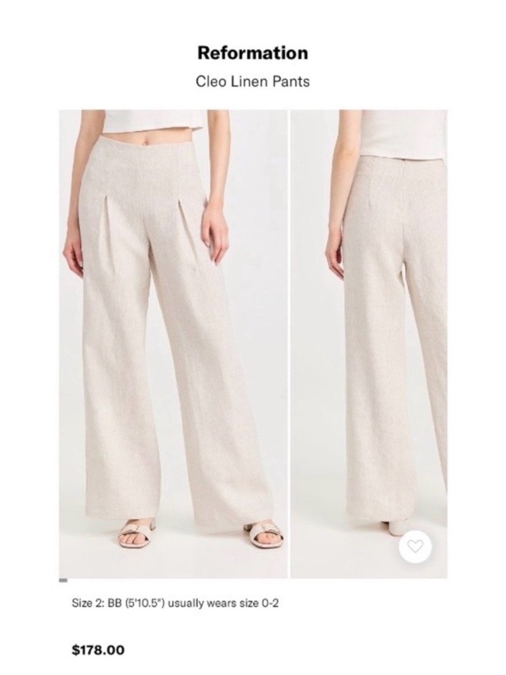 Reformation Cleo 100% Linen trousers in oatmeal